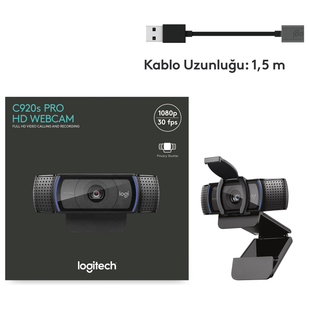 LOGITECH%20960-001252,%20C920S,%20HD%20PRO%201080p/30%20fps,%20Dahili%20Çift%20Mikrofonlu,%20Full%20HD,%20Webcam