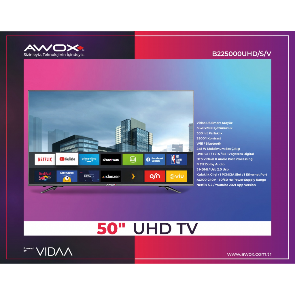 AWOX%20B225000UHD/S/V%20,%2050’’%20126cm,%204K%20Ultra%20HD,%20Dahili%20Wi-Fi,%20Dahili%20Uydu%20Alıcılı,%20Smart%20Led%20Televizyon