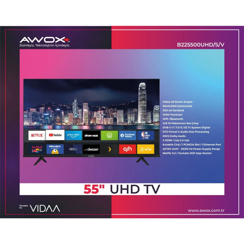 AWOX%20B225500UHD/S/V%20,%2055’’%20139cm,%204K%20Ultra%20HD,%20Dahili%20Wi-Fi,%20Dahili%20Uydu%20Alıcılı,%20Smart%20Led%20Televizyon