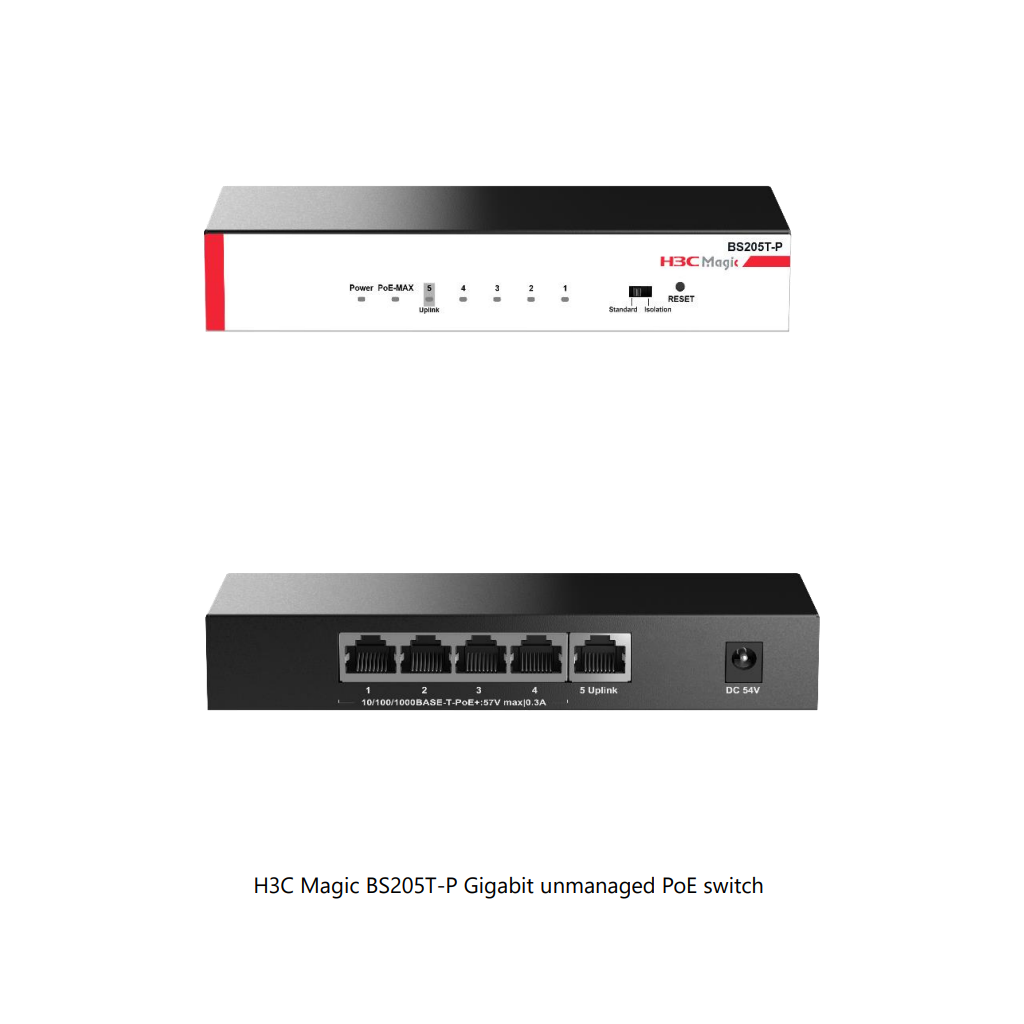 H3C%20Magic%20BS205T-P,%205%20Port,%20GigaBit,%204%20Port%20PoE,%2057W,%20+1%20Port%20GigaBit%20Uplink,%20Metal%20Kasa,%20Yönetilemez,%20Masaüstü%20Switch