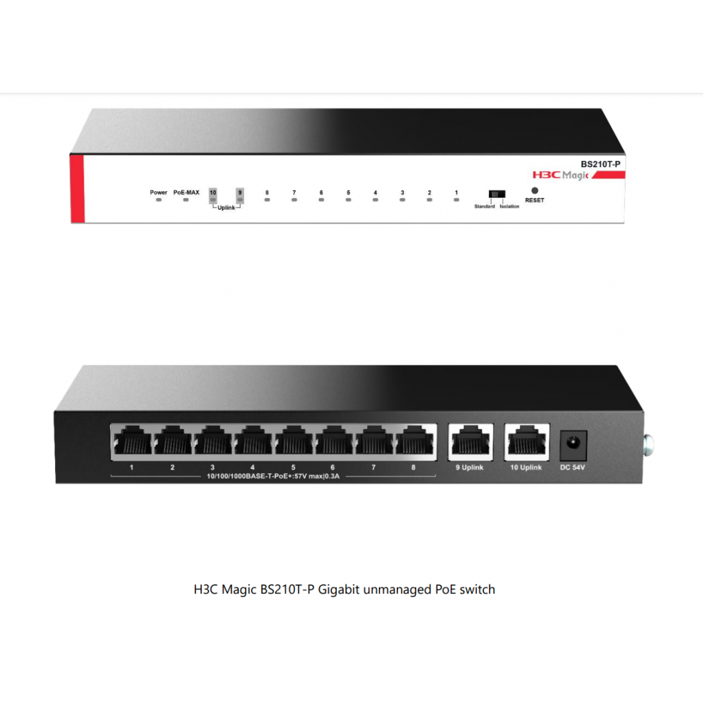 H3C%20Magic%20BS210T-P,%2010%20Port,%20GigaBit,%208%20Port%20PoE,%2057W,%20+2%20Port%20GigaBit%20Uplink,%20Metal%20Kasa,%20Yönetilemez,%20Masaüstü%20Switch