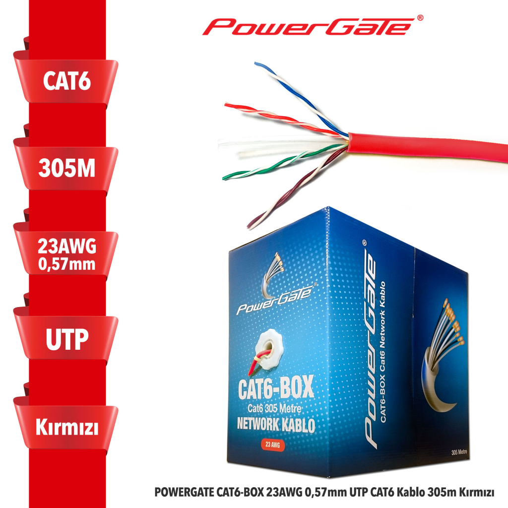 POWERGATE%20CAT6-BOX-RE,%2023AWG,%200,57mm,%20UTP,%20CAT6%20Kablo,%20305m,%20Kırmızı