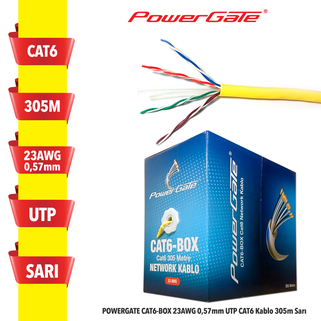 POWERGATE%20CAT6-BOX-YL,%2023AWG,%200,57mm,%20UTP,%20CAT6%20Kablo,%20305m,%20Sarı