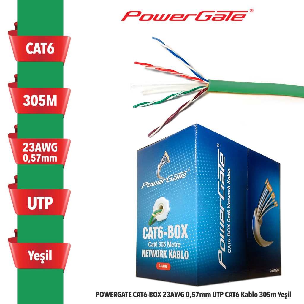 POWERGATE%20CAT6-BOX-GN,%2023AWG%200,57mm,%20UTP,%20CAT6%20Kablo,%20305m,%20Yeşil