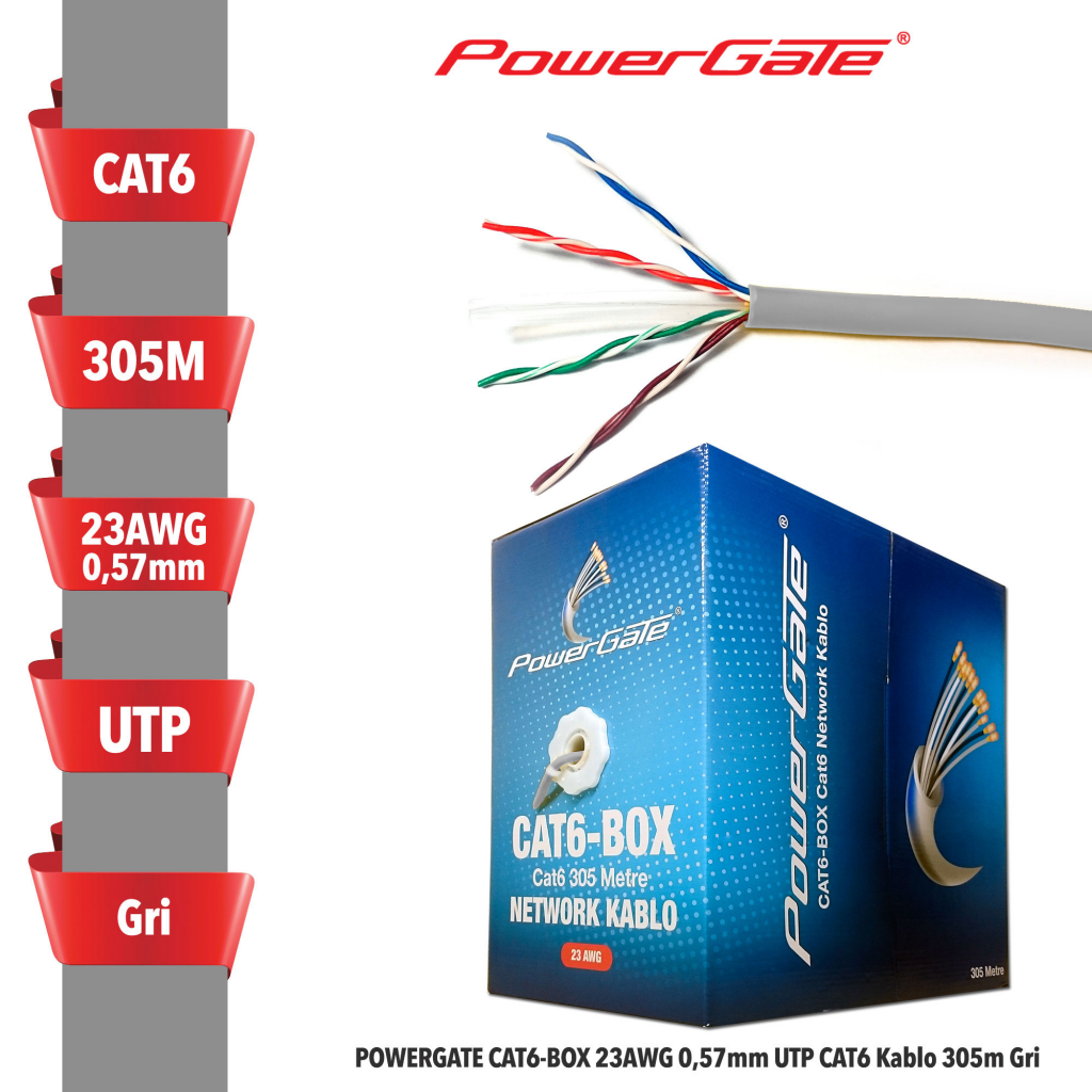 POWERGATE%20CAT6-BOX-GY,%2023AWG%200,57mm,%20UTP,%20CAT6%20Kablo,%20305m,%20Gri