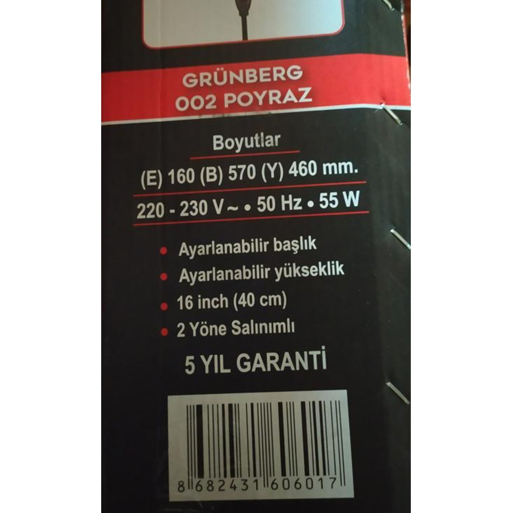 Grünberg%20002%20POYRAZ,%20DF%2016%20TX,%202%20Kademeli%20Hız,%2040cm%20Pervane%20ve%20Çerçeve,%20Otomatik%20Salınım,%20Yükseklik%20Ayarlı%20Vantilatör