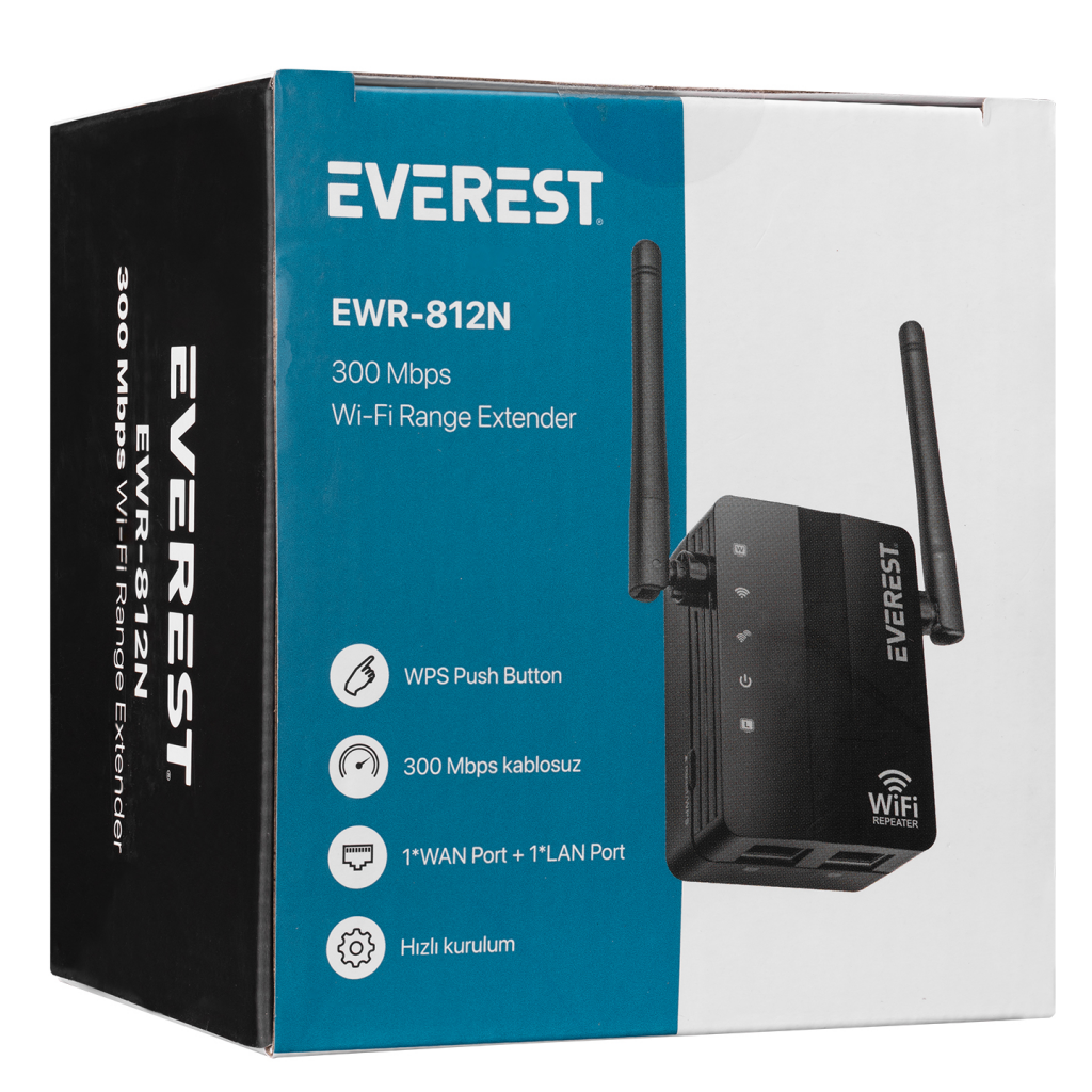 EVEREST%20EWR-812N,%20300Mbps,%202,4Ghz,%20WPS%20Butonu,%201Port%20LAN,%201Port%20WAN,%20Menzil%20Genişletici