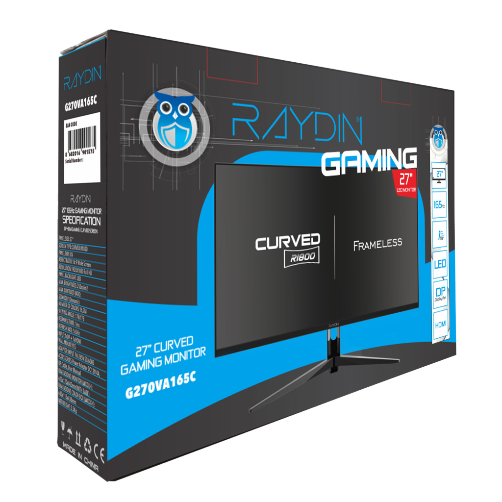 RAYDIN%20G270VA165C,%2027’’,%201ms,%20165Hz,%20Full%20HD,%20HDMI,%20DP,%20USB,%20Hoparlör,%20VA%20LED,%20R1800%20Curved,%20Frameless,%20FreeSync%20Gaming%20Monitör