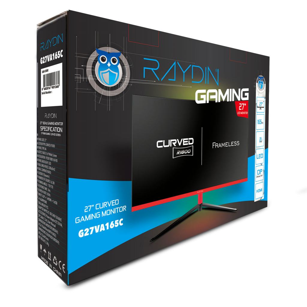 RAYDIN%20G27VA165C,%2027’’,%201ms,%20165Hz,%20Full%20HD,%20HDMI,%20DP,%20USB,%20Hoparlör,%20VA%20LED,%20R1800%20Curved,%20Frameless,%20FreeSync%20Gaming%20Monitör