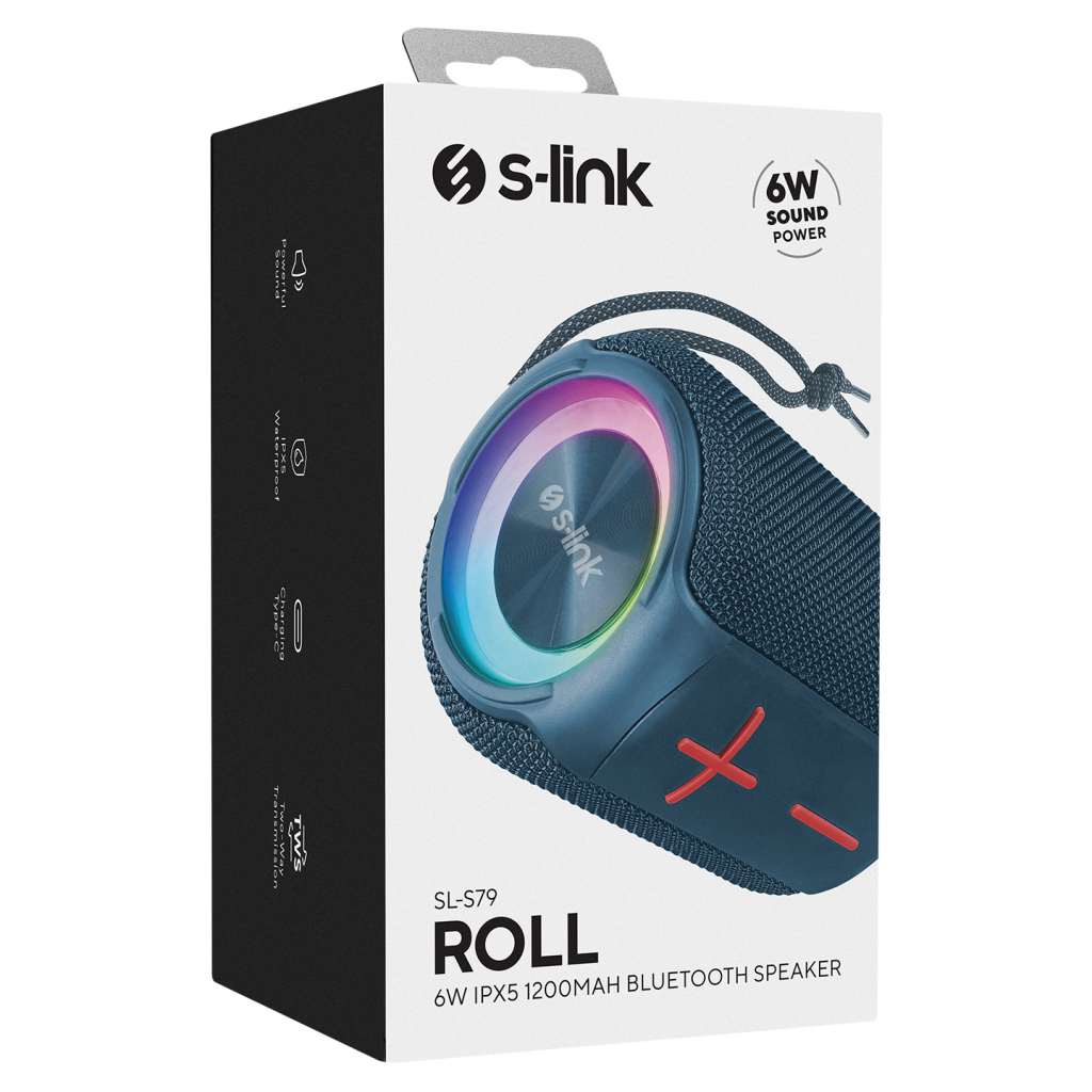 S-LINK%20SL-S79%20Roll,%20Mavi,%206W,%20USB,TF%20Kart,%20Type-C,%201200mAh%20Batarya,%20RGB%20Aydınlatma,%20IPX5%20Waterproof,%20Bluetooth%20V5.3,%20Kablosuz,%20Taşınabilir,%20Speaker