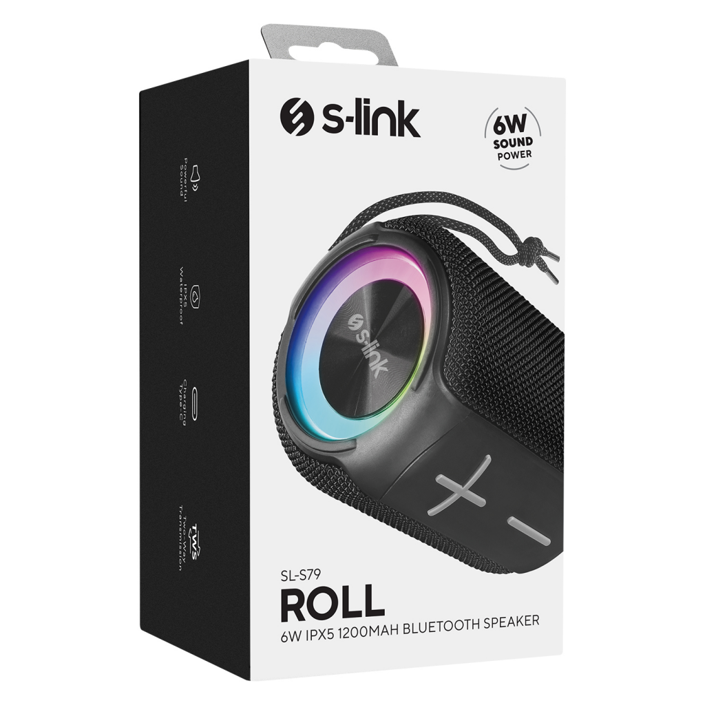 S-LINK%20SL-S79%20Roll,%20Siyah,%206W,%20USB,%20TF%20Kart,%20Type-C,%201200mAh%20Batarya,%20RGB%20Aydınlatma,%20IPX5%20Waterproof,%20Bluetooth%20V5.3,%20Kablosuz,%20Taşınabilir,%20Speaker