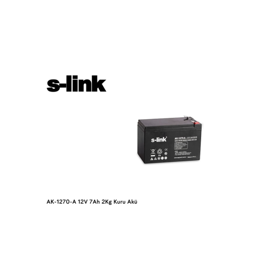 S-LINK AK-1270, 12V, 7Ah, Bakımsız Kuru Akü (2 Kg) UPS için Uygundur.