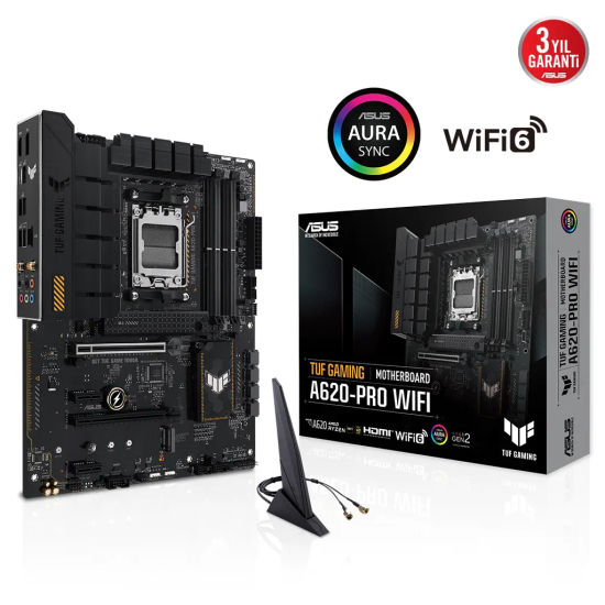 ASUS TUF GAMING A620-PRO WIFI, 4xDDR5, 2x M.2, HDMI, DP, Type-C, AMD Ryzen 7000 Serisi, AM5 Soket GAMING Anakart