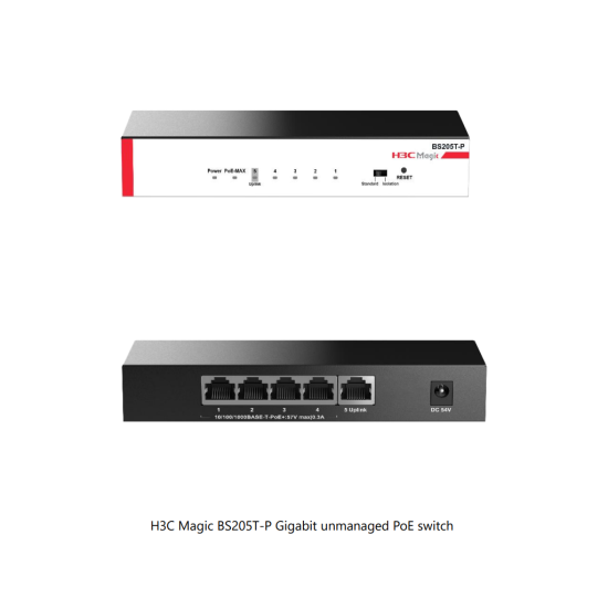 H3C Magic BS205T-P, 5 Port, GigaBit, 4 Port PoE, 57W, +1 Port GigaBit Uplink, Metal Kasa, Yönetilemez, Masaüstü Switch