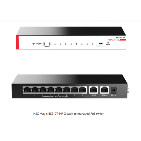 H3C Magic BS210T-HP, 10 Port, GigaBit, 8 Port PoE, 110W, +2 Port GigaBit Uplink, Metal Kasa, Yönetilemez, Masaüstü Switch