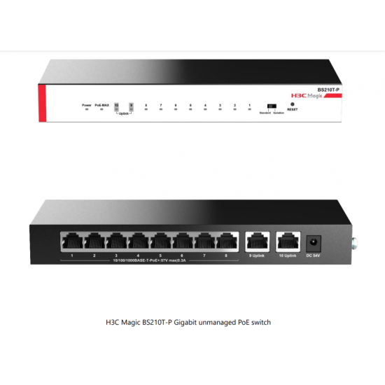 H3C Magic BS210T-P, 10 Port, GigaBit, 8 Port PoE, 57W, +2 Port GigaBit Uplink, Metal Kasa, Yönetilemez, Masaüstü Switch