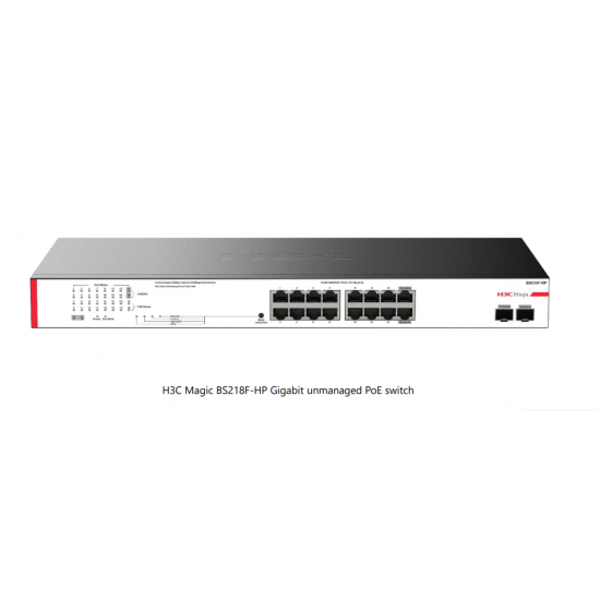 H3C Magic BS218F-HP, 18 Port, GigaBit, 16 Port PoE, 225W, 2 Port GigaBit Uplink, +2 Port GigaBit SFP, Metal Kasa, Yönetilemez, Rack Mount Switch