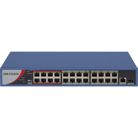 HIKVISION DS-3E0326P-E/M(B), 26 Port, MegaBit, 24 Port PoE, 250W, +1 Port GigaBit Uplink, +1 Port GigaBit SFP, Yönetilemez, Rack Mount Switch