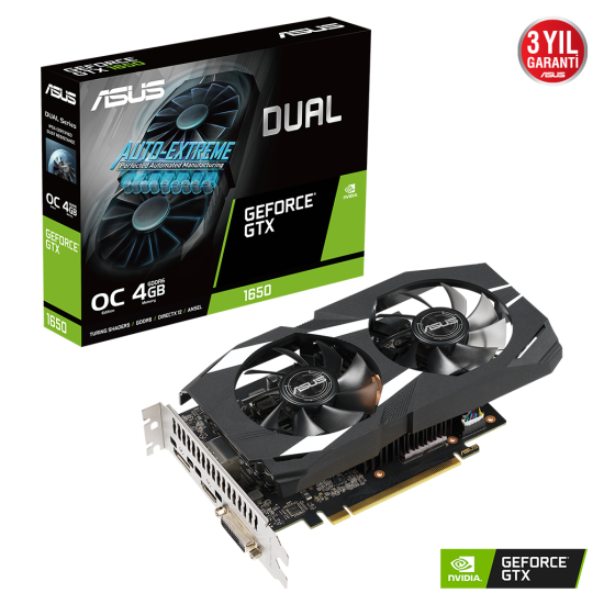 ASUS DUAL-GTX1650-O4GD6-P-EVO, 4Gb, GDDR6, 128Bit, 1xDVI, 1xHDMI, 1xDP GAMING Ekran Kartı