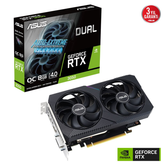 ASUS DUAL-RTX3050-O8G-V2 8GB, GDDR6, 128Bit, 1xHDMI, 1xDP, 1xDVI, GAMING Ekran Kartı