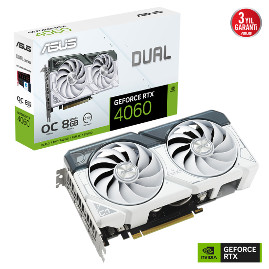 ASUS DUAL-RTX4060-O8G-WHITE, 8Gb, 128Bit, GDDR6, 1xHDMI, 3xDP GAMING Ekran Kartı