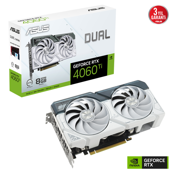 ASUS DUAL-RTX4060TI-O8G-WHITE, 8Gb, 128Bit, GDDR6, 1xHDMI, 3xDP GAMING Ekran Kartı