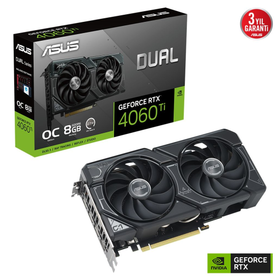 ASUS DUAL-RTX4060TI-O8G, 8Gb, 128Bit, GDDR6, 1xHDMI, 3xDP GAMING Ekran Kartı