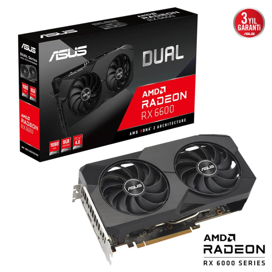 ASUS DUAL-RX6600-8G-V2, 8Gb, 128Bit, GDDR6, 1xHDMI, 3xDP, GAMING Ekran Kartı