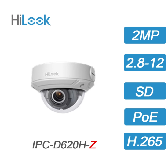 HILOOK IPC-D620H-Z, 2Mpix, 2,8-12mm Motorize Lens, H265+,30Mt Gece Görüşü, PoE, IP67, IK10, Dome, IP Kamera