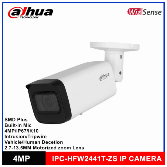 DAHUA IPC-HFW2441T-ZAS-2713 4Mpix, 2,7-13,5mm  Motoriz Lens, H265+,Starlight, 60Mt Gece Görüşü, Dahili Mikrofon, IP67, PoE Bullet IP Kamera