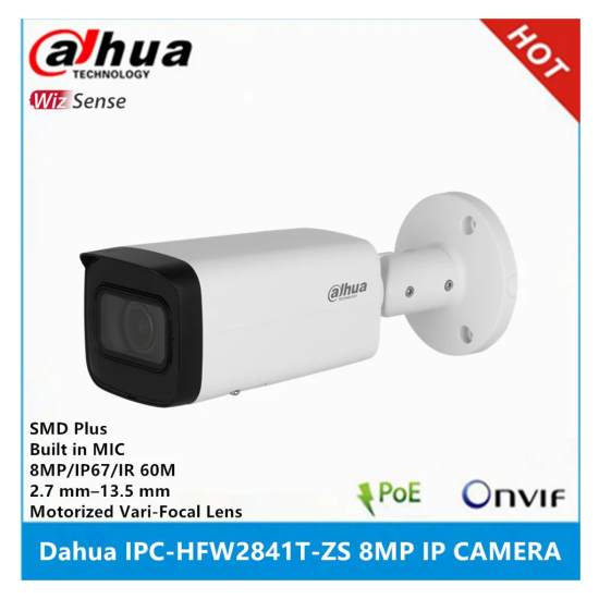 DAHUA IPC-HFW2841T-ZAS-27135 8Mpix, 2,7-13,5mm  Motoriz Lens, H265+, 80Mt Gece Görüşü, Dahili Mikrofon, Starlight, IP67,  PoE Bullet IP Kamera