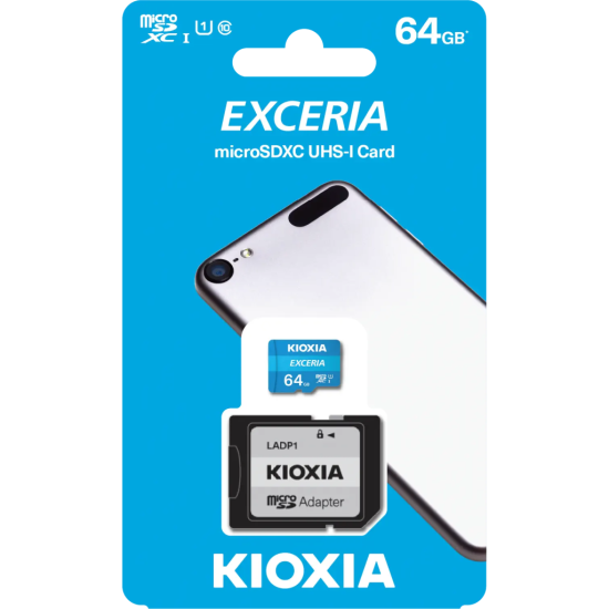 KIOXIA 64GB Exceria, LMEX1L064GG2, UHS-1, CL10, 100Mb/s, MicroSD Kart Bellek (SD Adaptörlü)