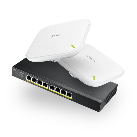 ZYXEL NEBULA STARTER Kit, 1x GS1915-8EP 8 Port Poe Yönetilebilir Fiber Switch, 2x NWA90AX DualBand, WiFi6, Poe Access Point