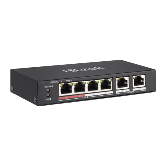 HILOOK NS-0106P-35(B), 5 Port, Megabit, 4 Port PoE, 60W, +2 Port Megabit Uplink, Long Range 250Metre, Yönetilemez, Masaüstü Switch