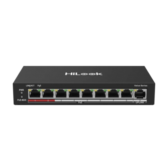 HILOOK NS-0109P-60(B), 8 Port, Megabit, 8 Port PoE, 60W, +1 Port Megabit Uplink, Long Range 250Metre, Yönetilemez, Masaüstü Switch