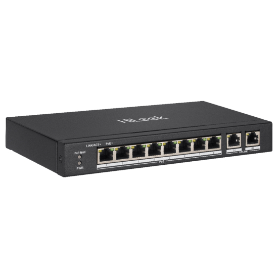 HILOOK NS-0310P-60(B), 10Port, Megabit, 8 Port PoE, 60W, +2 Port Gigabit Uplink, Long Range 250Metre, Yönetilemez, Masaüstü Switch