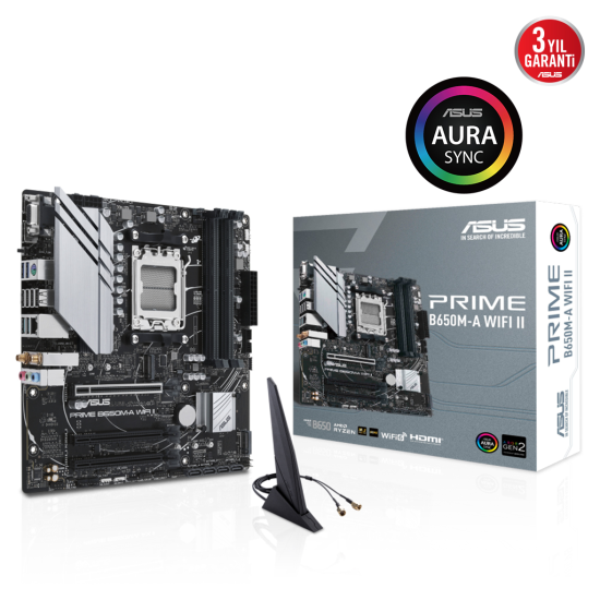 ASUS PRIME B650M-A WIFI II, 4xDDR5, 2x M.2, D-SUB, HDMI, DP, Wi-Fi 6, Bluetooth v5.2, AMD Ryzen 7000 Serisi, AM5 Soket Anakart