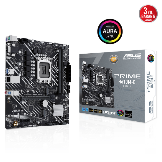 ASUS PRIME H610M-E CSM, 2xDDR5, 2x M.2, D-SUB, HDMI, DP, 12-13.Nesil, LGA1700 Soket, Anakart