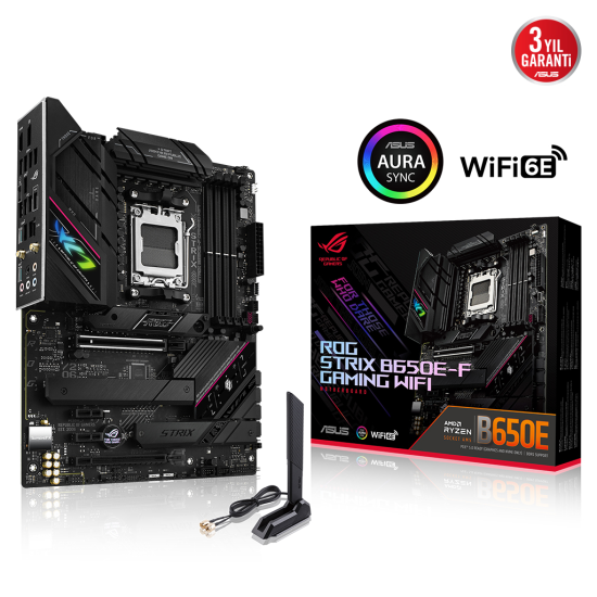 ASUS ROG STRIX B650E-F GAMING WIFI, 4xDDR5, 3x M2, HDMI, DP, 2xType-C, Wi-Fi 6E, Bluetooth v5.2, AMD Ryzen 7000 Serisi, AM5 Soket Anakart