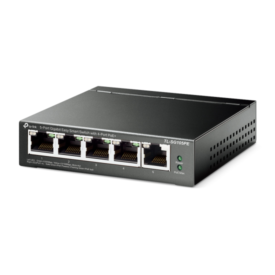 TP-LINK TL-SG105PE, 5 Port, GigaBit, Metal Kasa, 4 Port Poe, 65W, Easy Smart, Yönetilebilir, Masaüstü Switch