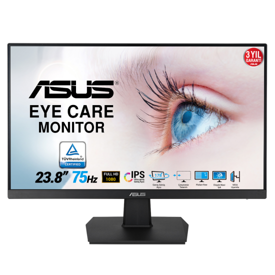 ASUS VA24EHE 23.8’’ 5ms, 75Hz, Full HD, DP, HDMI, D-Sub, Çerçevesiz Tasarım, Düşük Mavi Işık, FreeSync, VA Panel Monitör