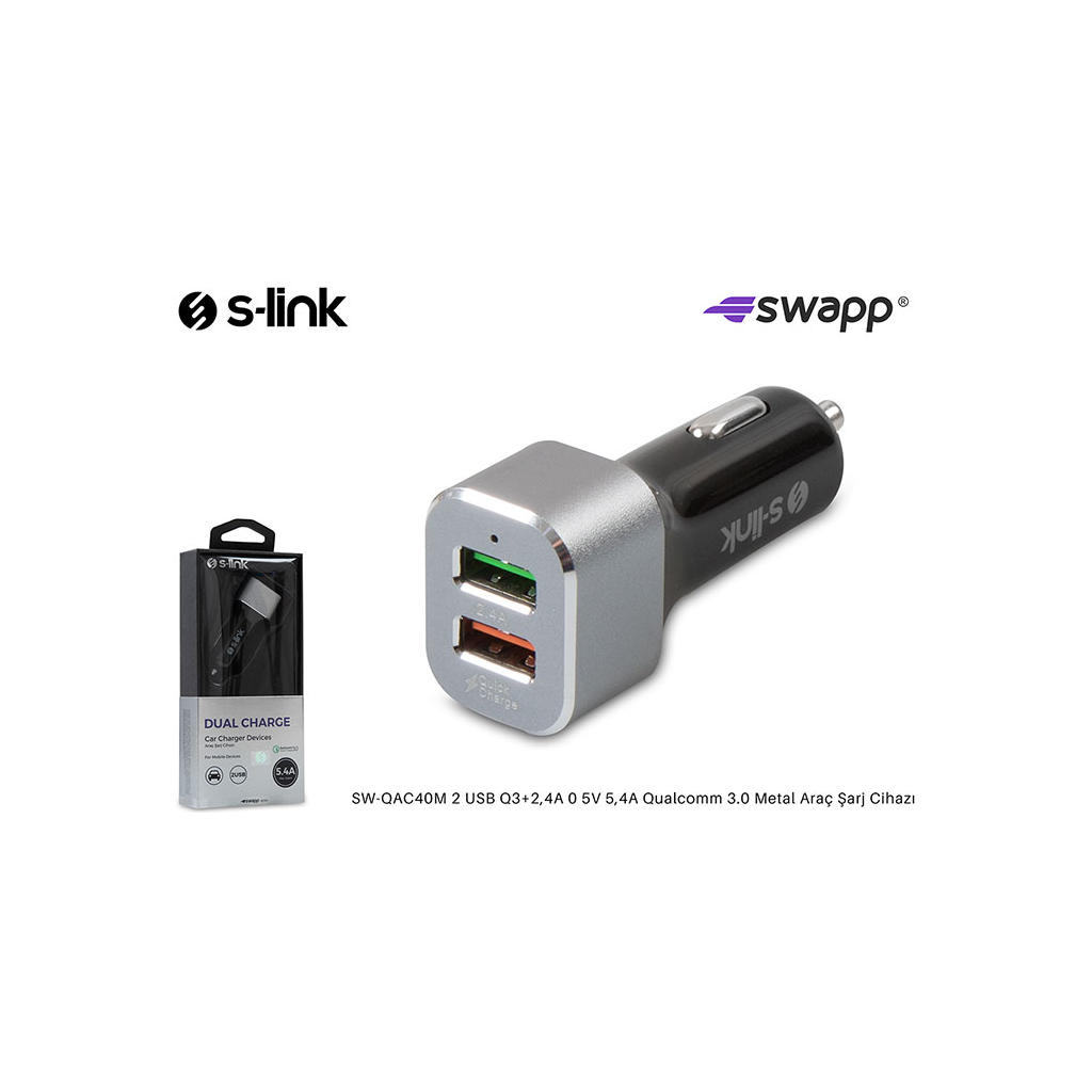 S-LINK%20SW-QAC40M,%20Toplam%205.4A,%20Hızlı%20Şarj,%20%202xUSB%20(1x2.4A,%201x3.0A)%20Metal%20Kafa,%20Dual%20Araç%20Şarj%20Cihazı